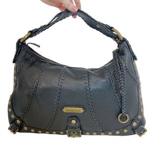 Isabella Fiore Like New Whipstitch Large Black Leather Bag Studs Boho Grunge